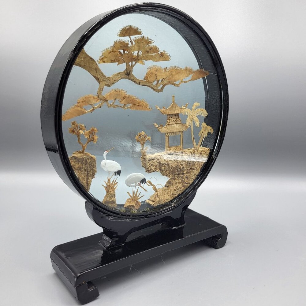 Vtg Chinese Hand Carved Cork Diorama Cranes Black Lacquer Art Stand 8.5" x 6.25" - Picture 5 of 13